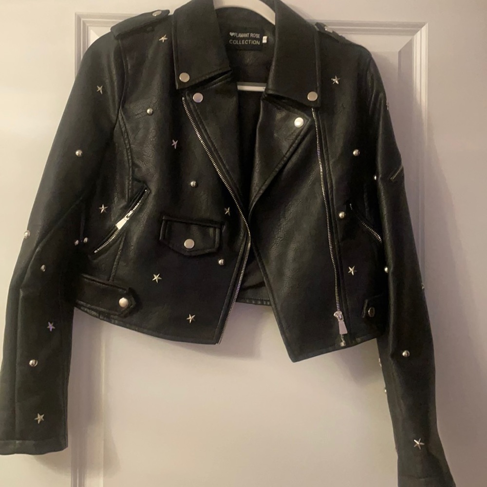 Black Leather Jacket with silver stars